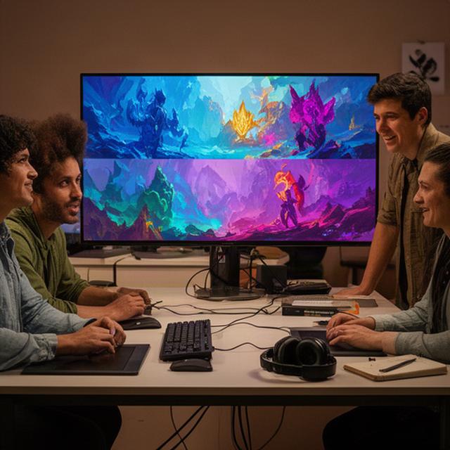 Game development team reviewing colorful fantasy game artwork on a large studio monitor